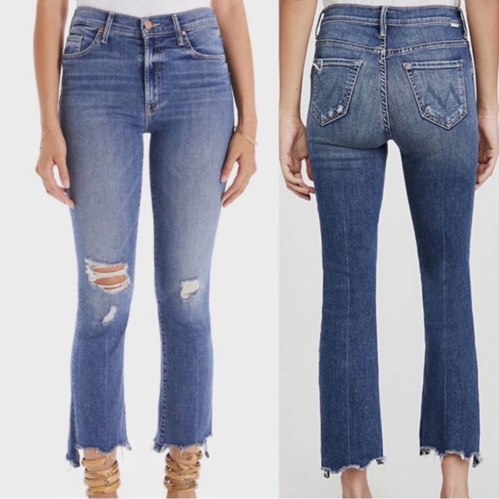 Mother The Insider Crop Step Chew Blue Distressed Women's Jeans-Classic Slim Fit